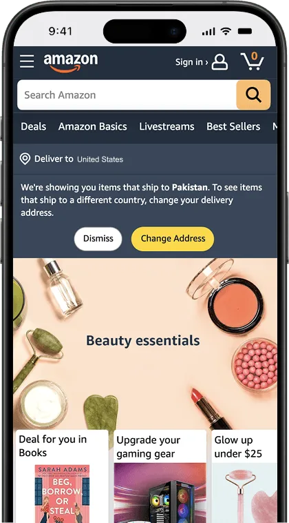 Amazon store mobile view showcasing product listings